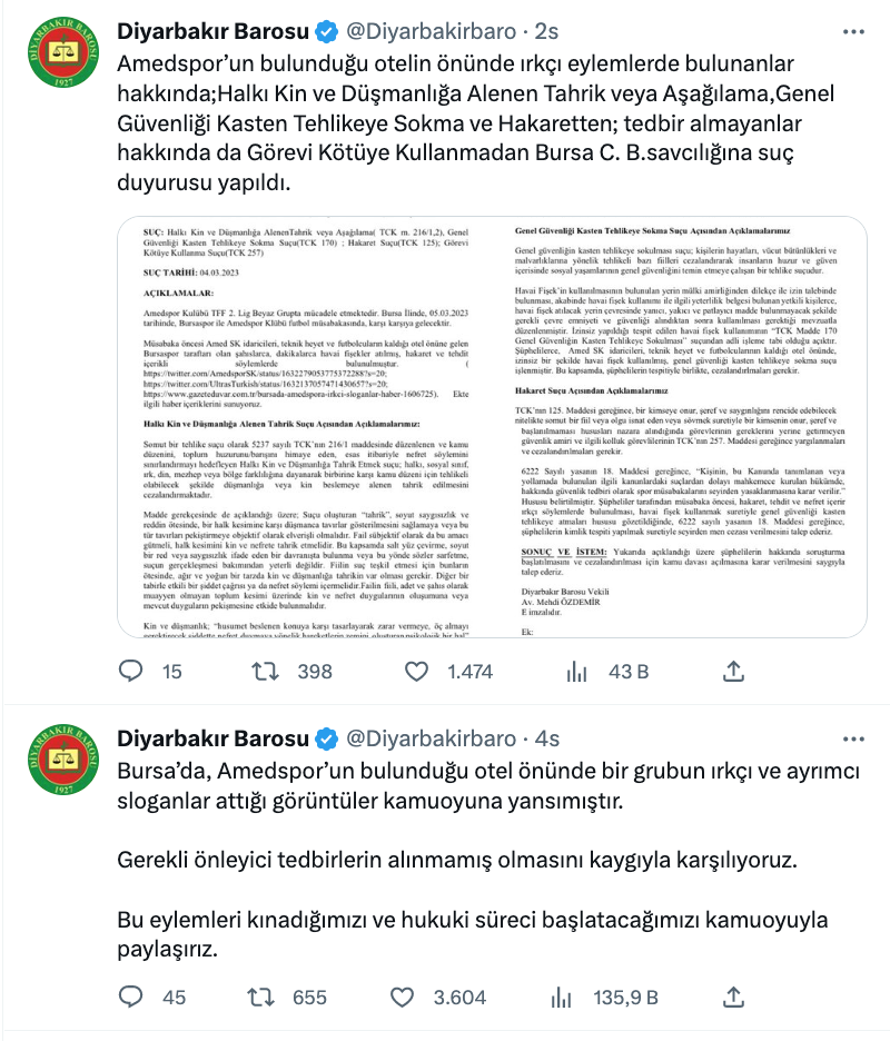 diyarbakir barosu bursaspor amedspor macinda yasanan olaylarla ilgili suc duyurusunda bulundu